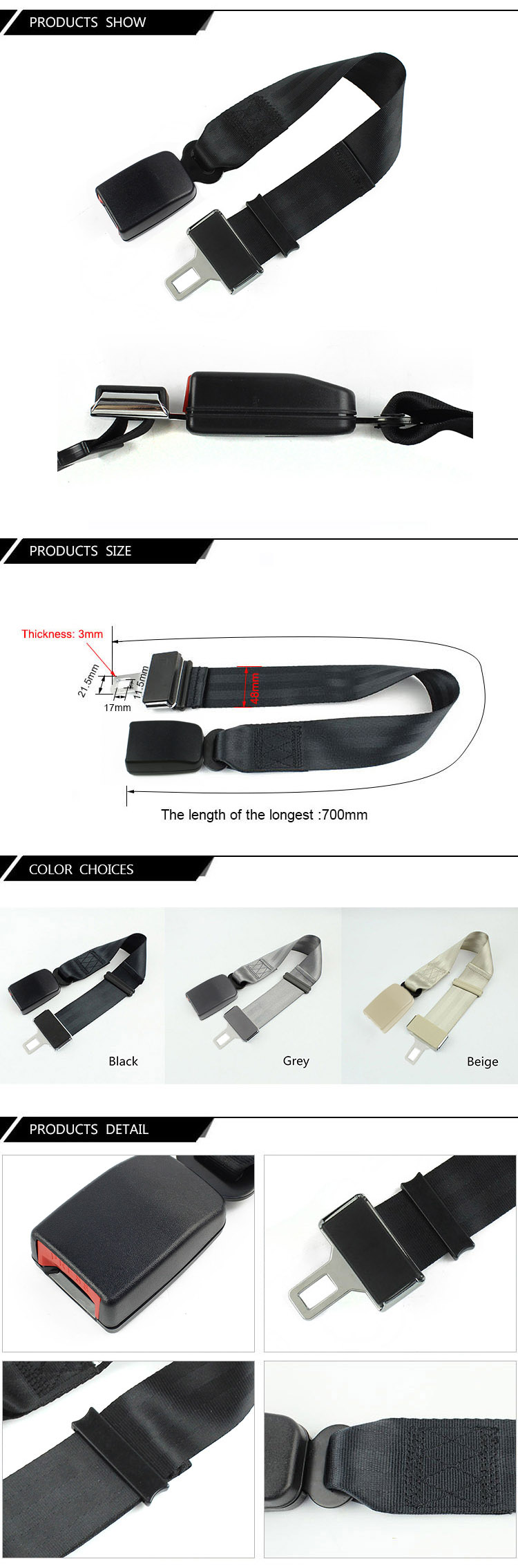 Technical drawing and color options for adjustable seat belt extender