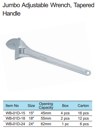 Technical specification table for jumbo adjustable wrenches showing sizes 15 to 24 inches