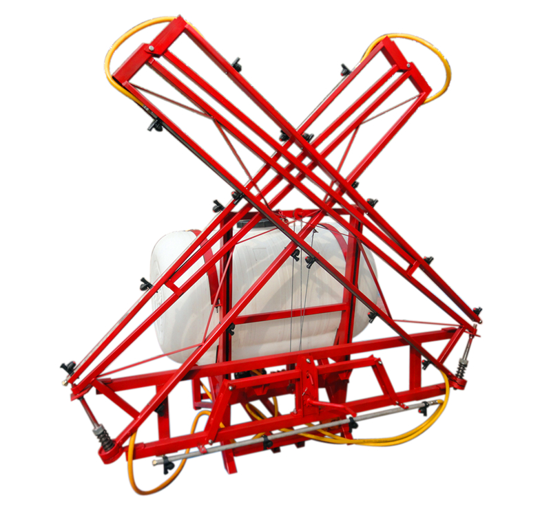 Agricultural boom sprayer with red frame and white tank mounted on a tractor
