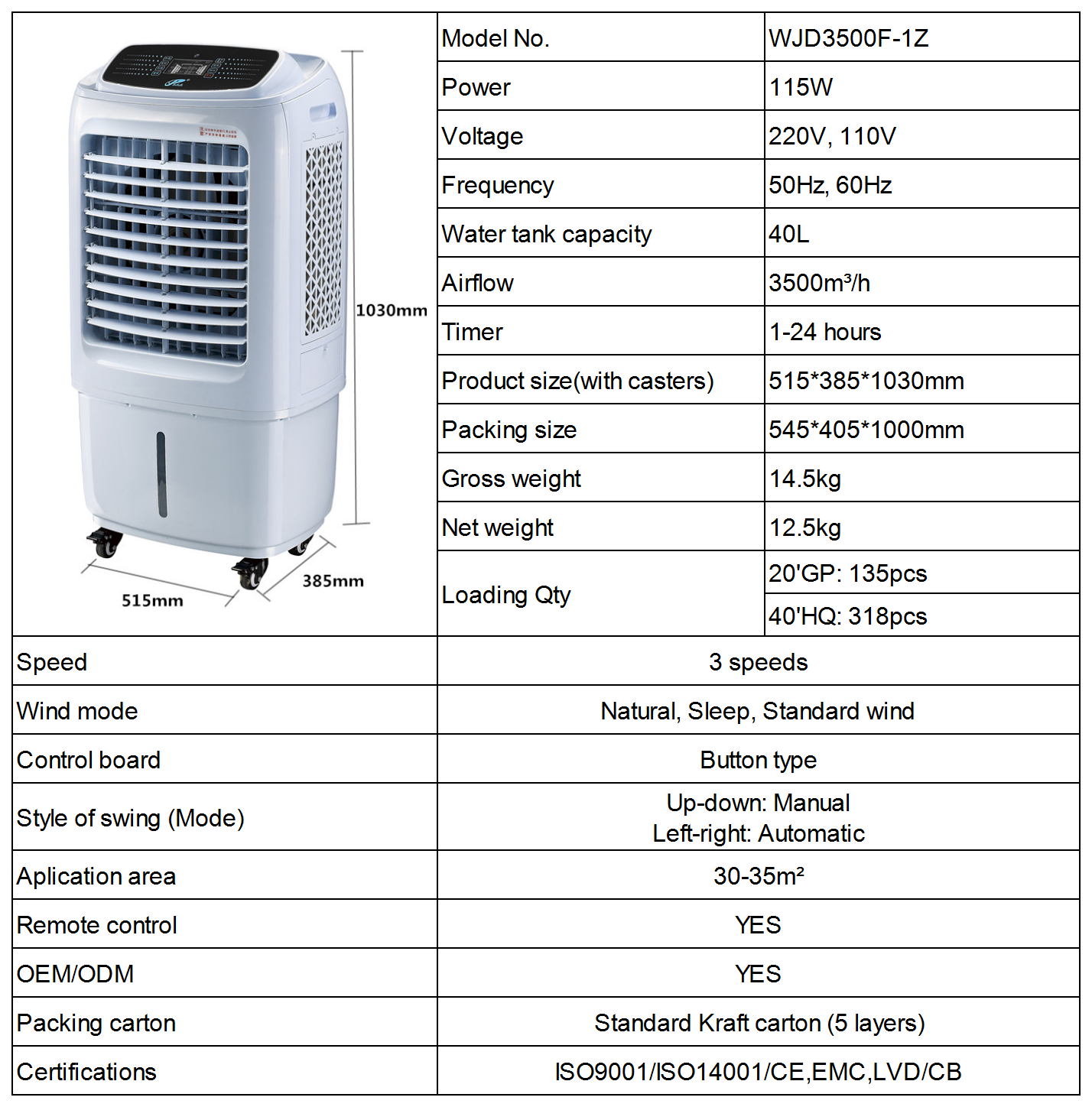 Technical specification sheet for WJD3500F-1Z Air Cooler