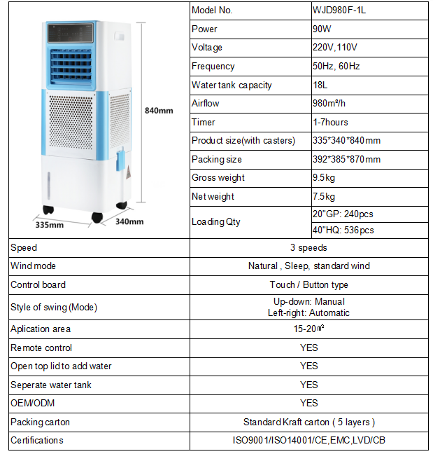 Technical specifications and dimensional drawing for WJD980F-1L air cooler