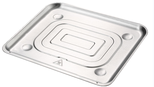 Brushed metal air fryer tray with circular feet
