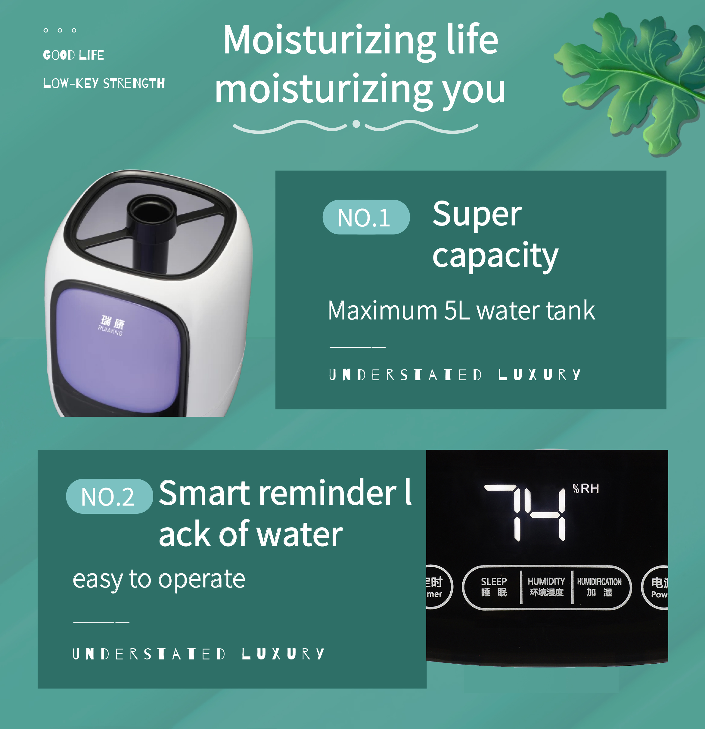 Humidifier control panel and 5L tank indicator