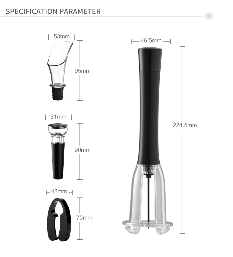 Dimensional diagram of the wine opener set components