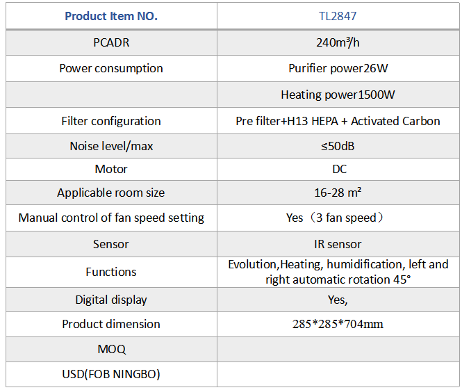 Technical specification chart for the 3-in-1 air purifier, heater, and humidifier.