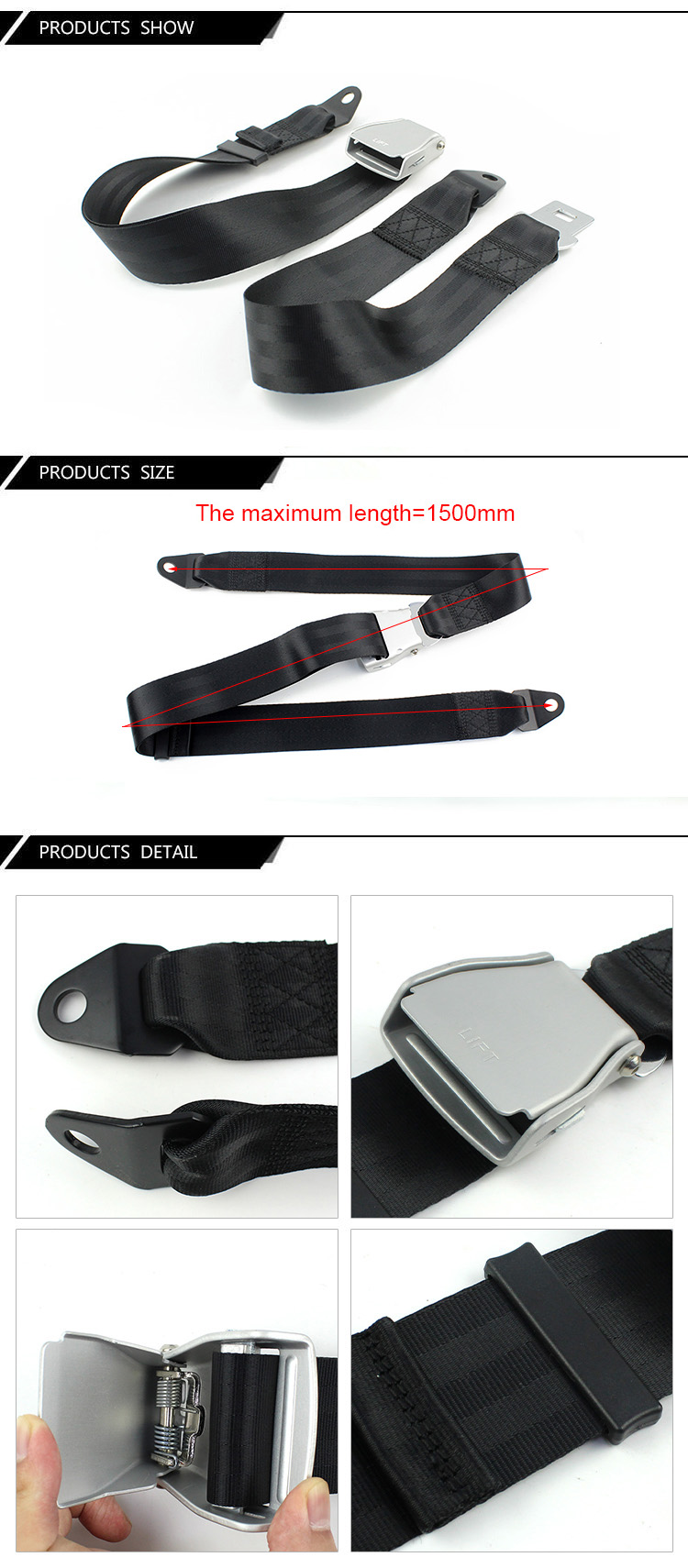 Technical diagram and product showcase of the 2-point static aircraft seat belt