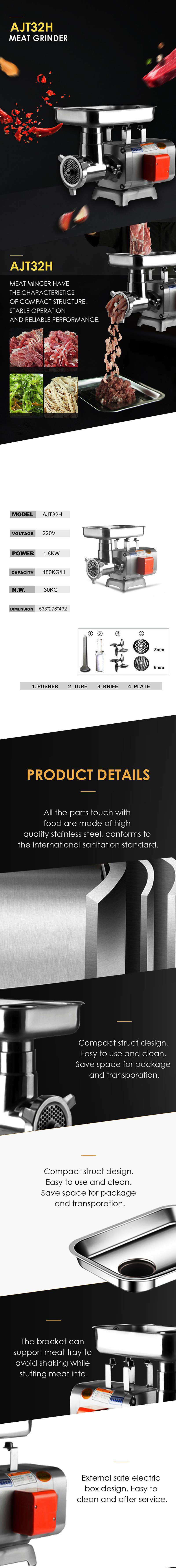 Technical diagram and features of the AJT32H meat mincer