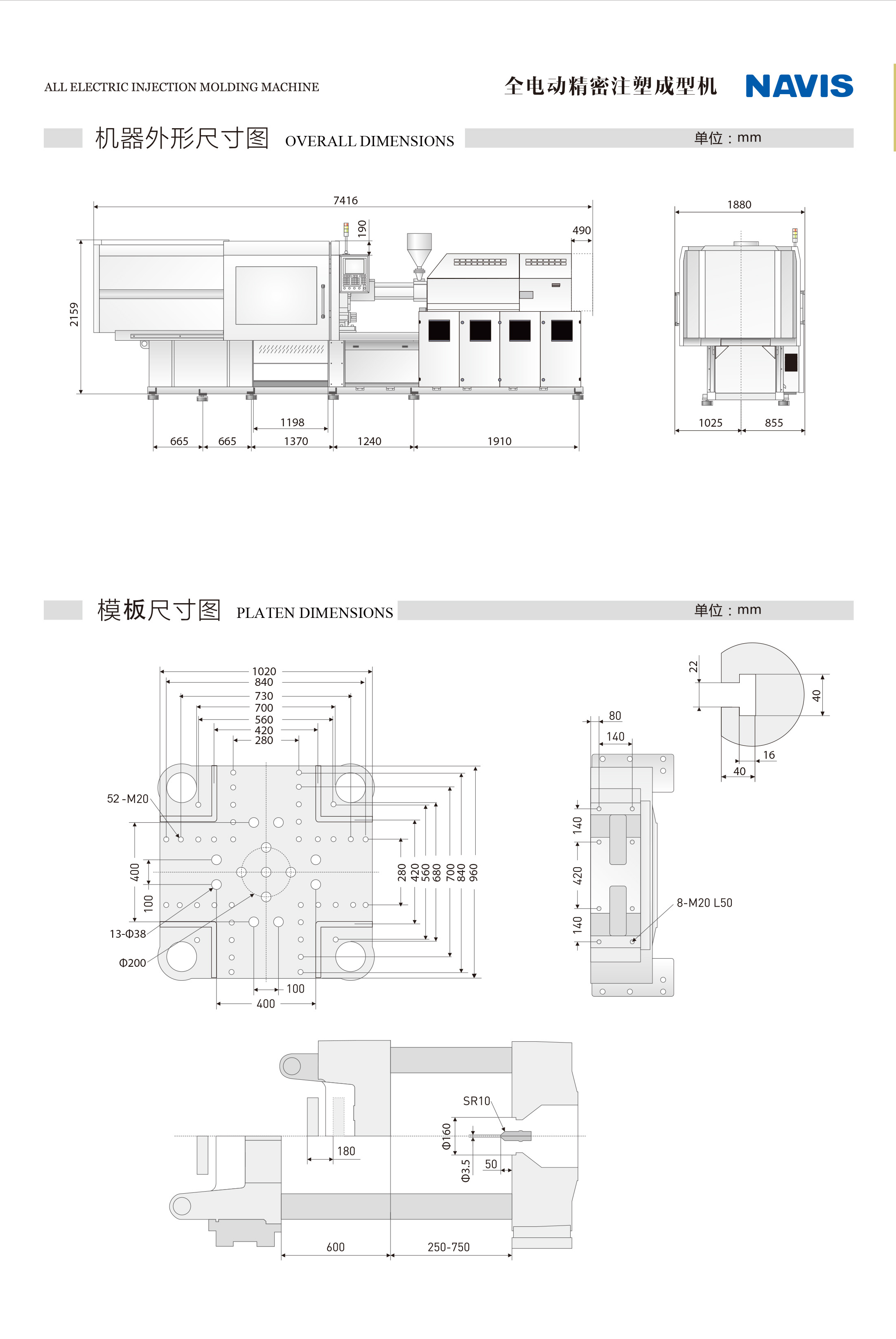 Machine dimensions and platen layout diagram