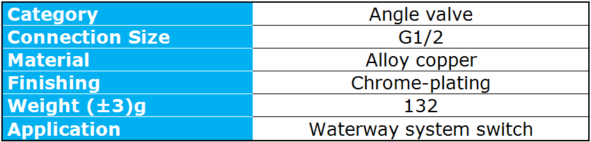 Technical specifications and dimensions for the G1/2 copper angle valve