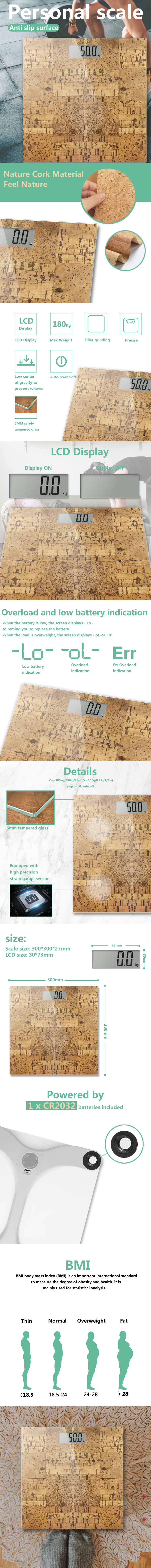 Infographic showing the natural cork surface, LCD display, and technical specifications of the digital scale.