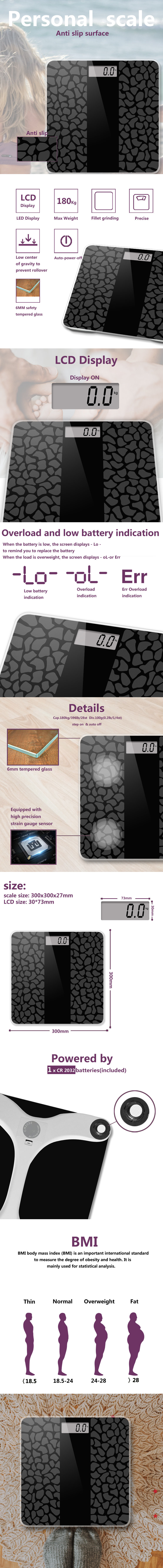 Detailed view of the anti-slip body scale showing dimensions, display features, and safety construction.