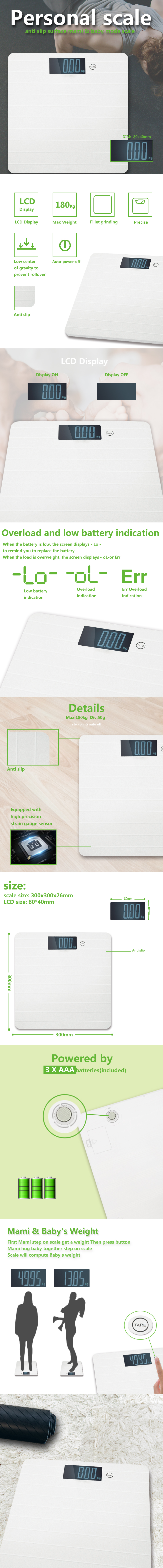 Infographic showing scale dimensions, LCD display indicators, and the Mami & Baby weighing function.