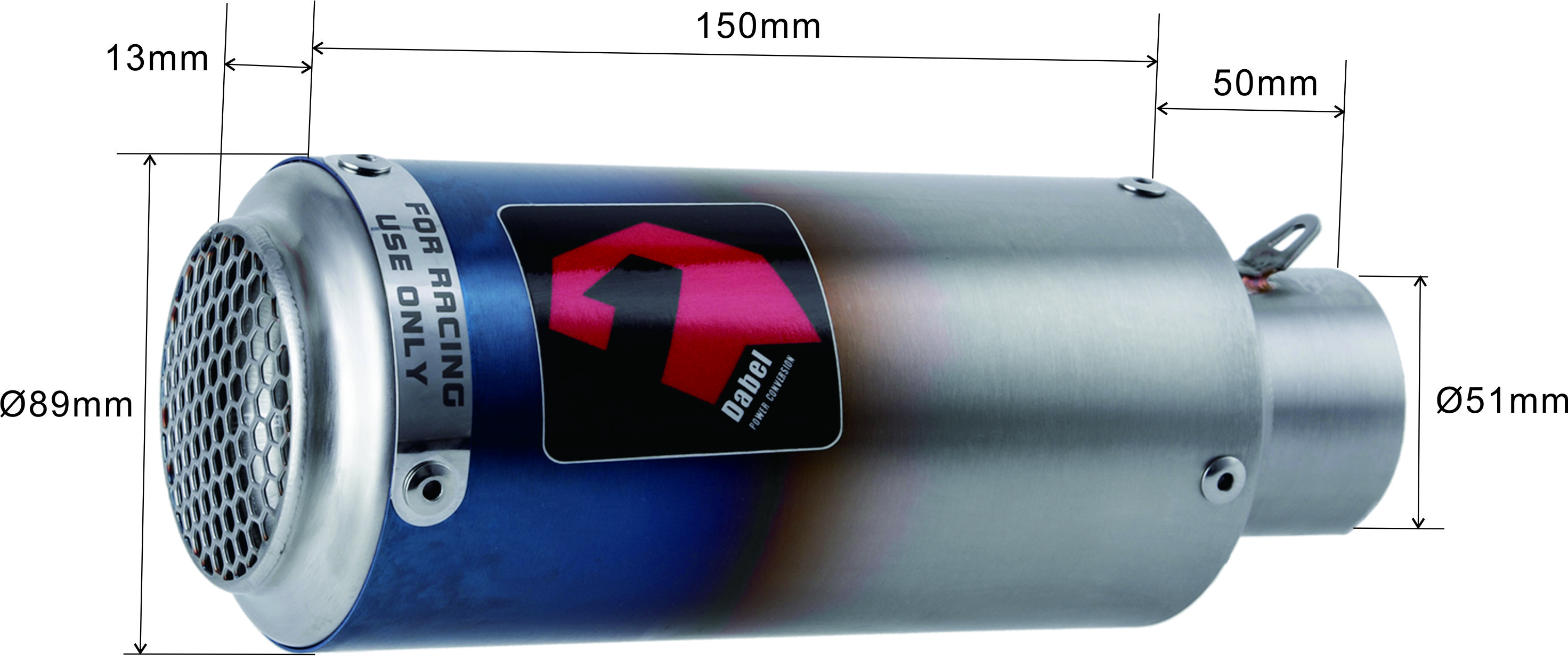 Technical diagram of the motorcycle exhaust muffler showing dimensions of 150mm body and 51mm diameter.