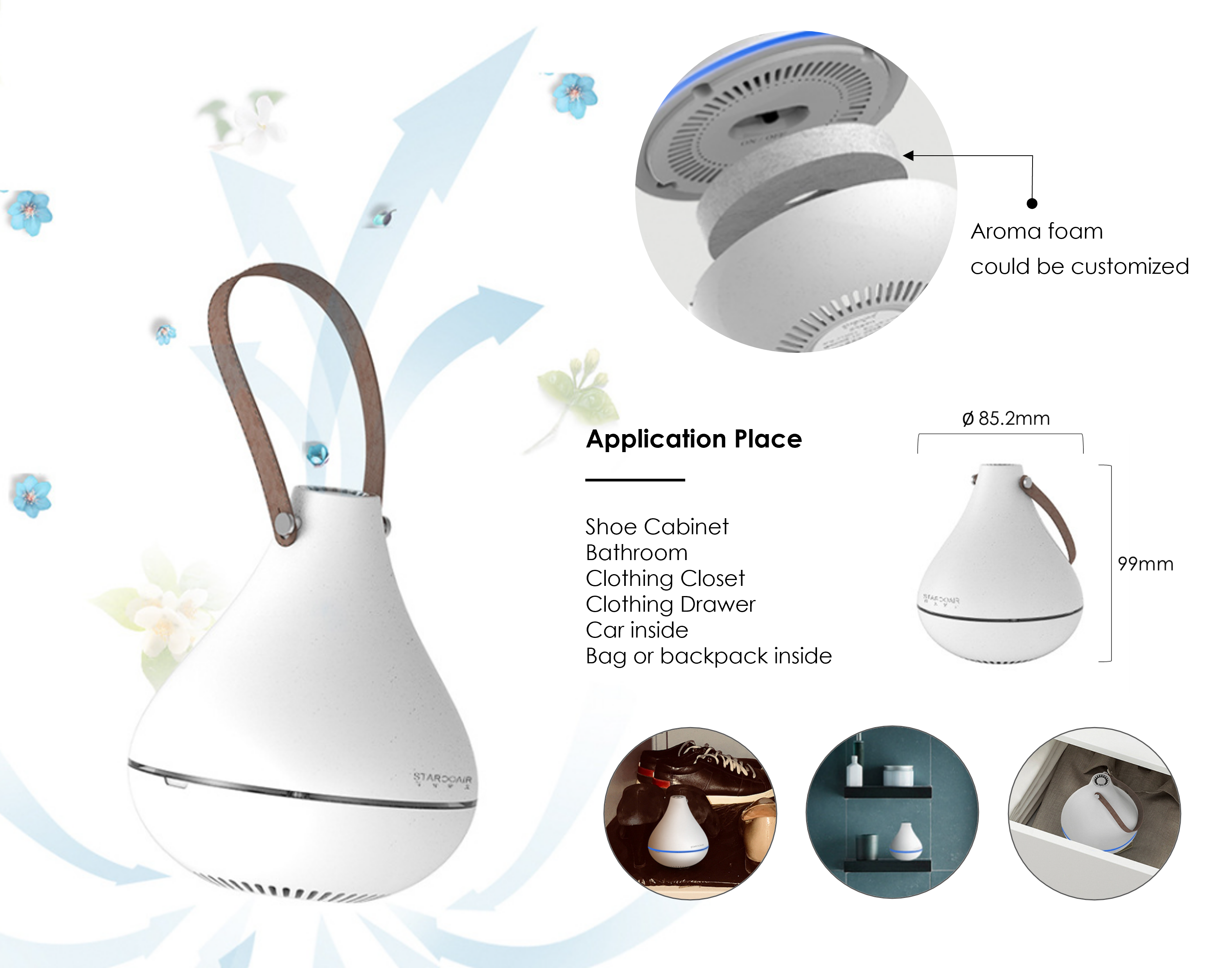Teardrop shaped aroma diffuser with application icons