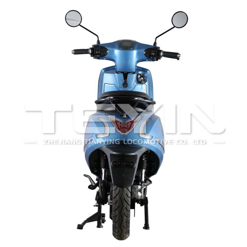 Rear angle of the blue electric scooter