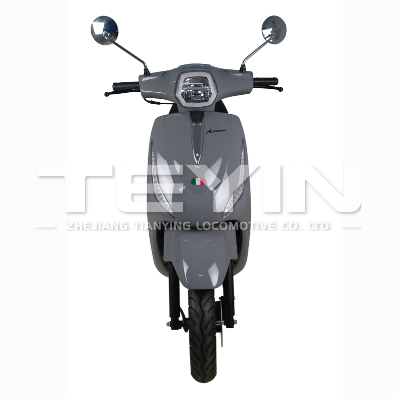 Front view of the ASTERIA scooter showing LED lighting and disc brake