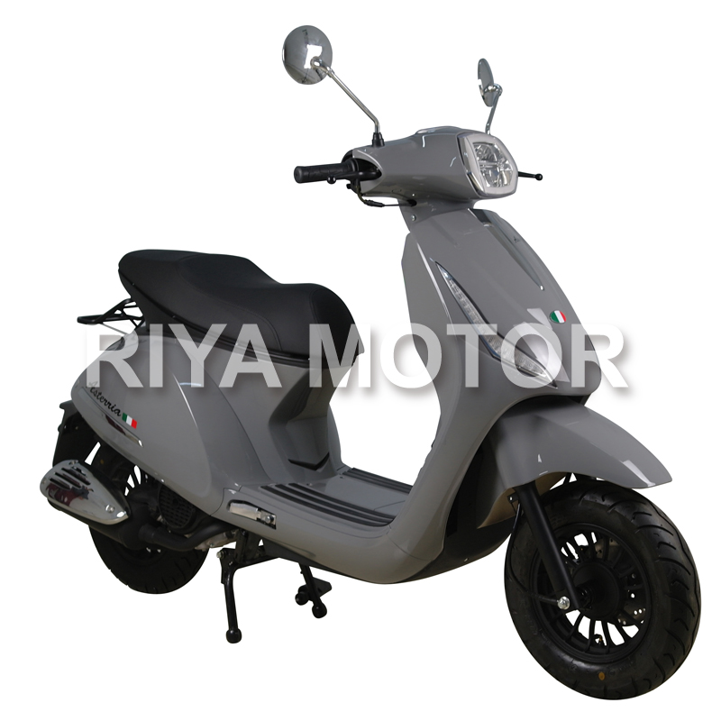 Side profile of the gray urban scooter with luggage rack