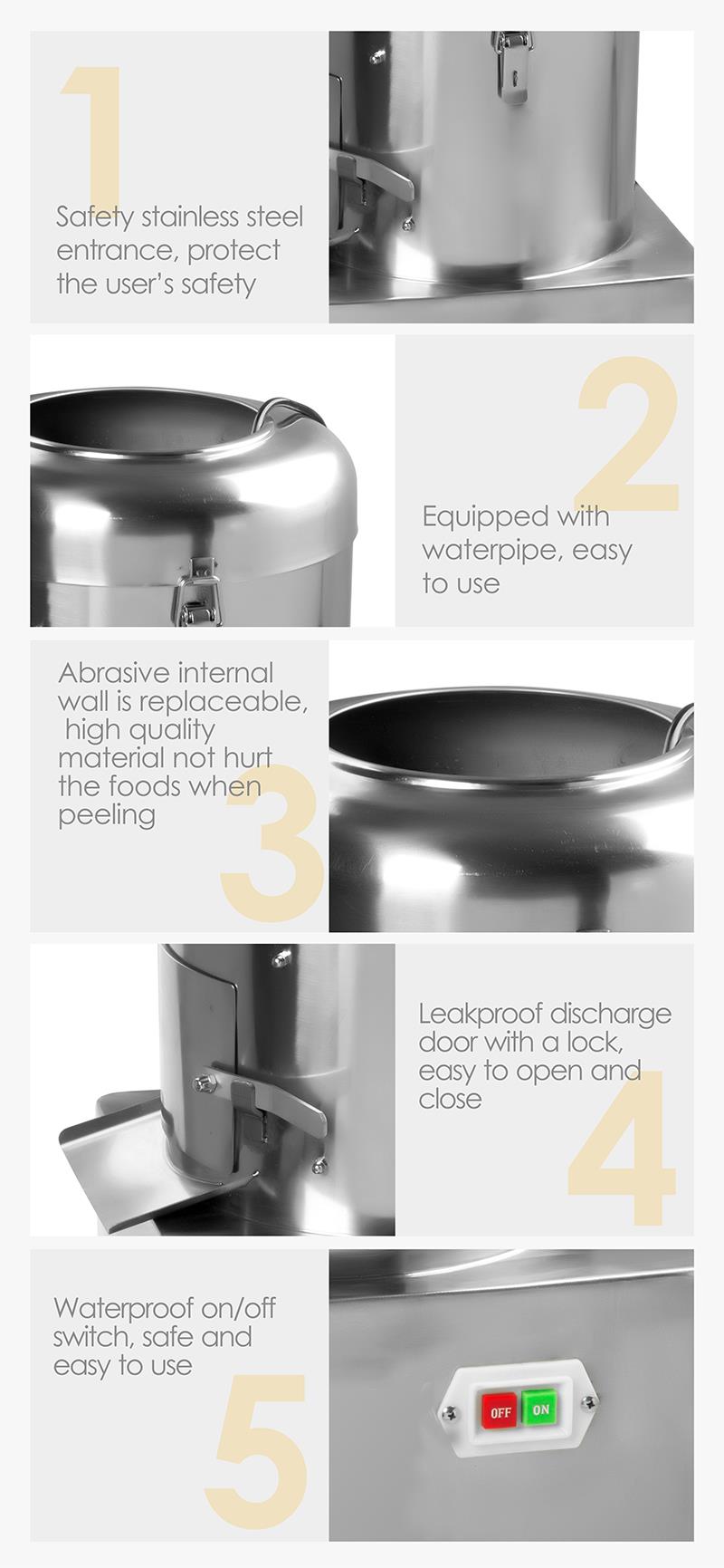 Safety and operation features of the potato peeler