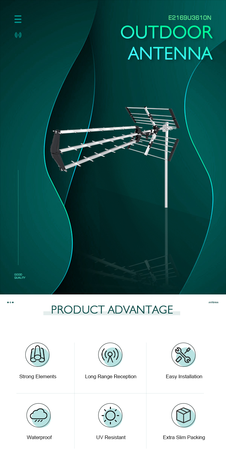 Outdoor antenna features highlighting long range and waterproof capabilities