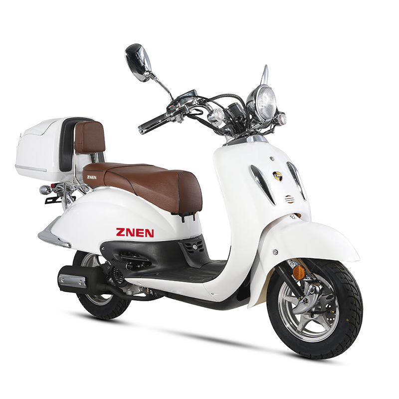 Retro style scooter with rear storage box and chrome accents