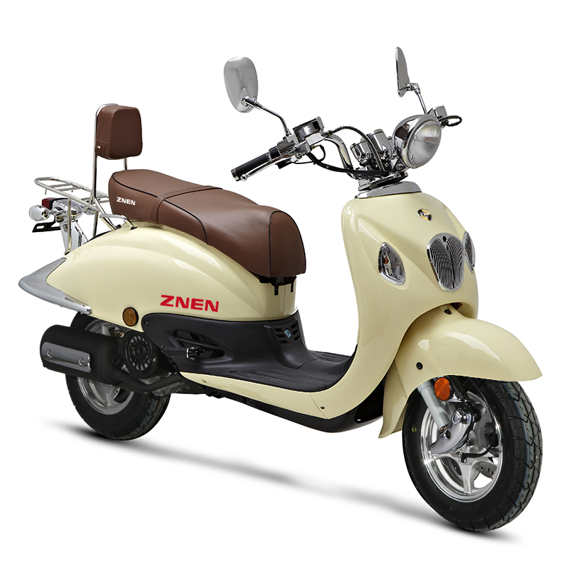 Cream colored retro scooter with brown seat and mirrors