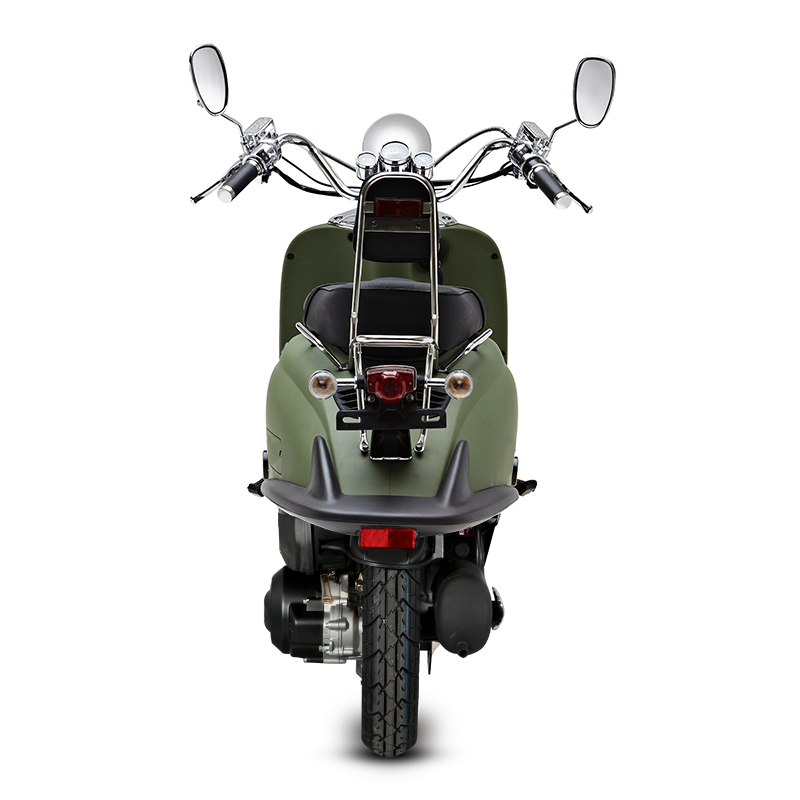 Matte green scooter showing rear carrier and backrest configuration