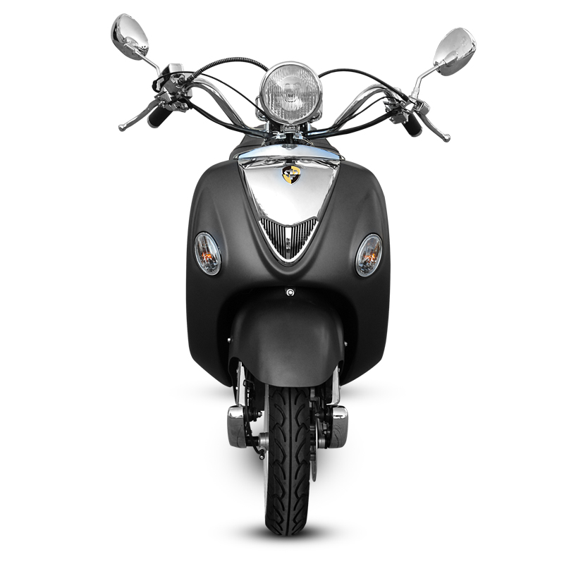 Front view of scooter showing headlight and grill