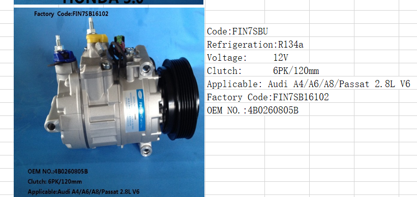 Technical specifications and compatibility chart for 12V AC Compressor