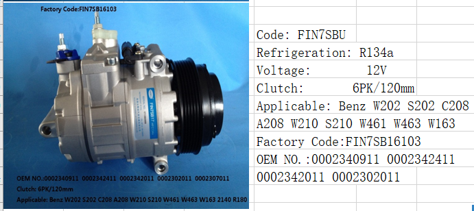 Technical specification chart for automotive AC compressor