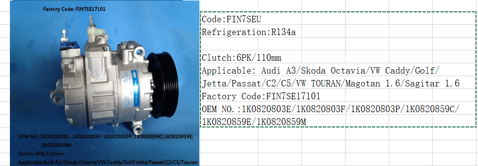 Technical specification summary for VAG AC Compressor