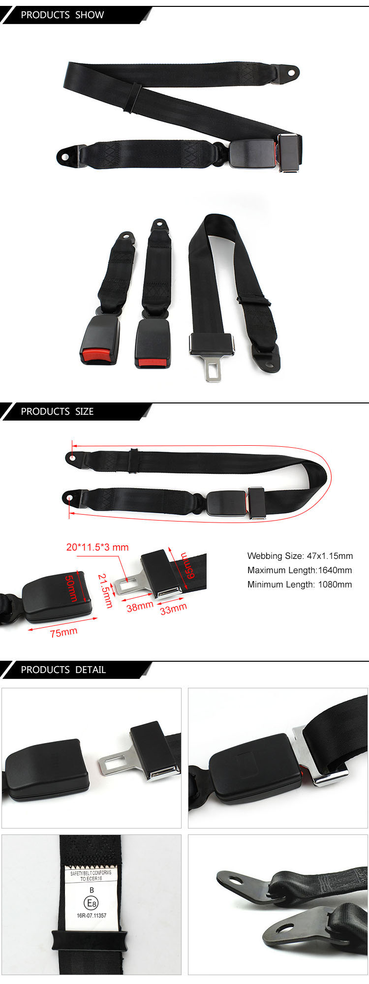 Technical drawing of 2-point static seat belt showing buckle and tongue dimensions