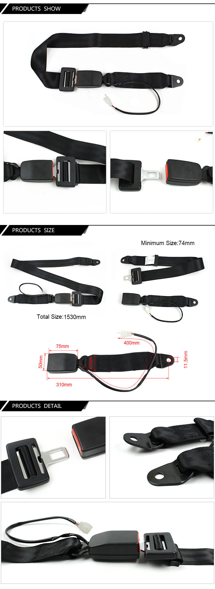Diagram showing total length and mounting hole size for seat belt