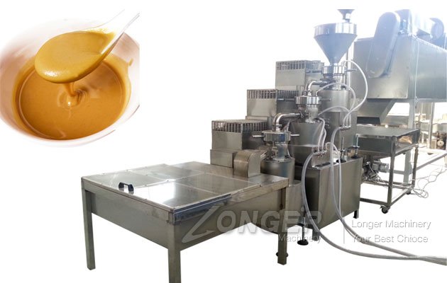 Full view of the automatic peanut butter production line showing stainless steel components