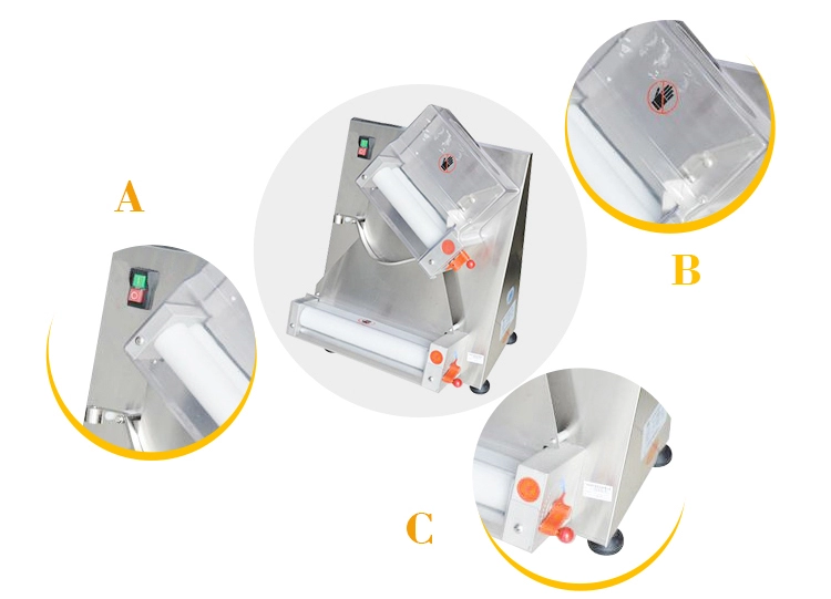 Stainless steel pizza press with safety cover and adjustable rollers