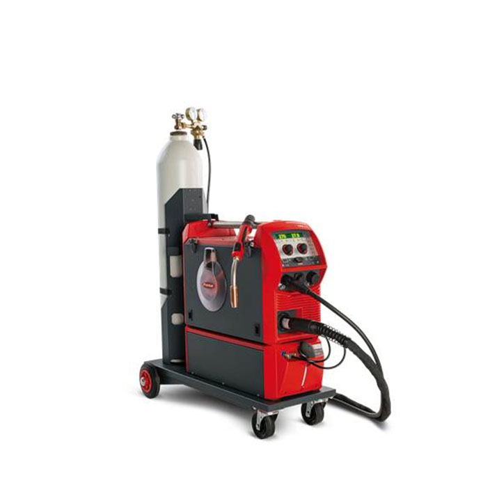 Automatic MIG/MAG welding machine on a mobile cart with gas cylinder mount