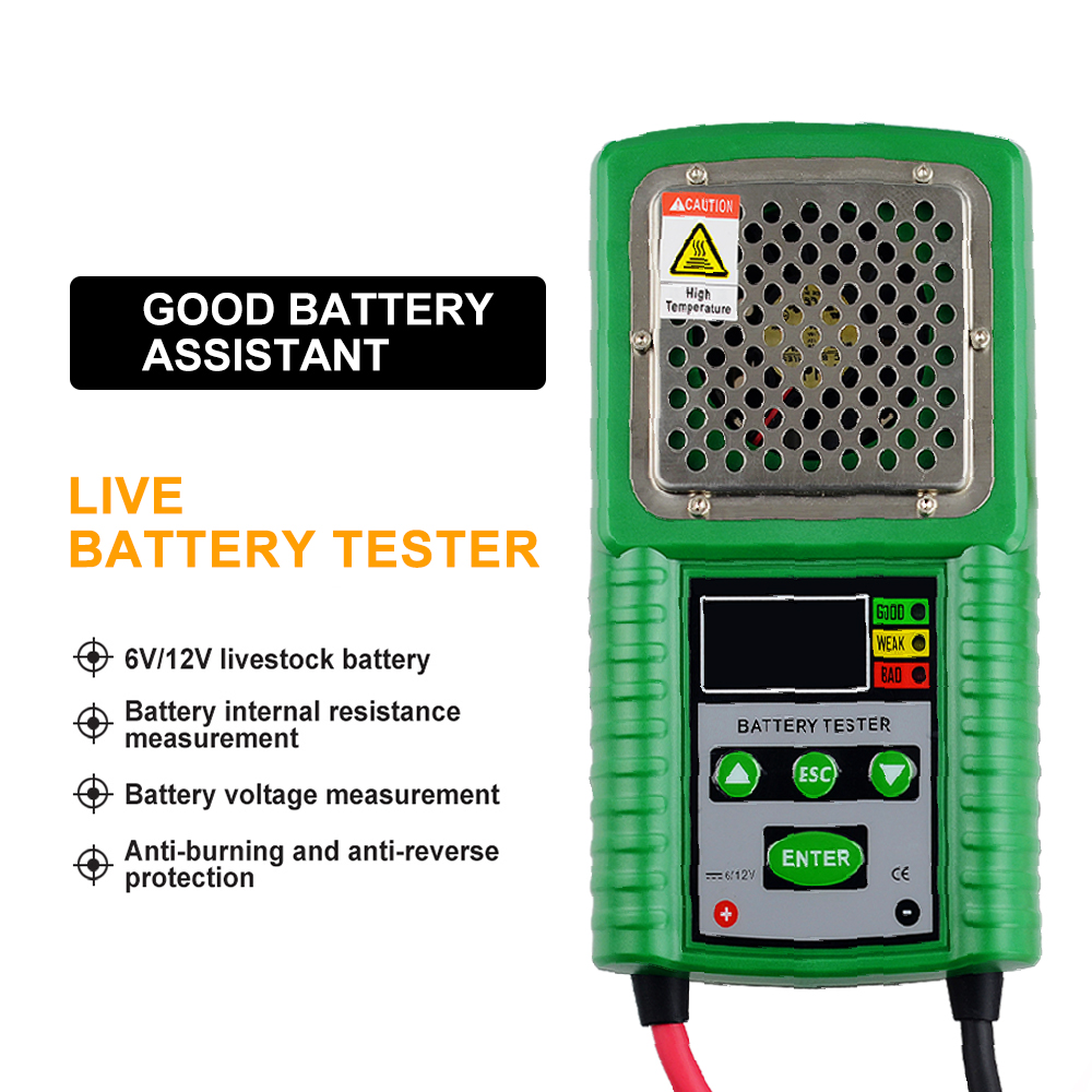 Battery tester display showing internal resistance and voltage measurement capabilities