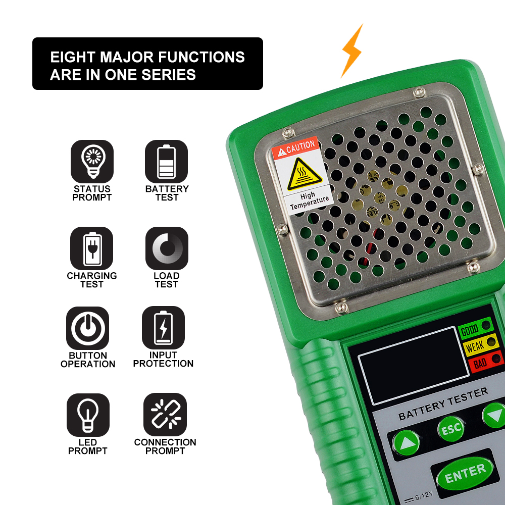 Diagram highlighting the eight major diagnostic functions of the battery tester