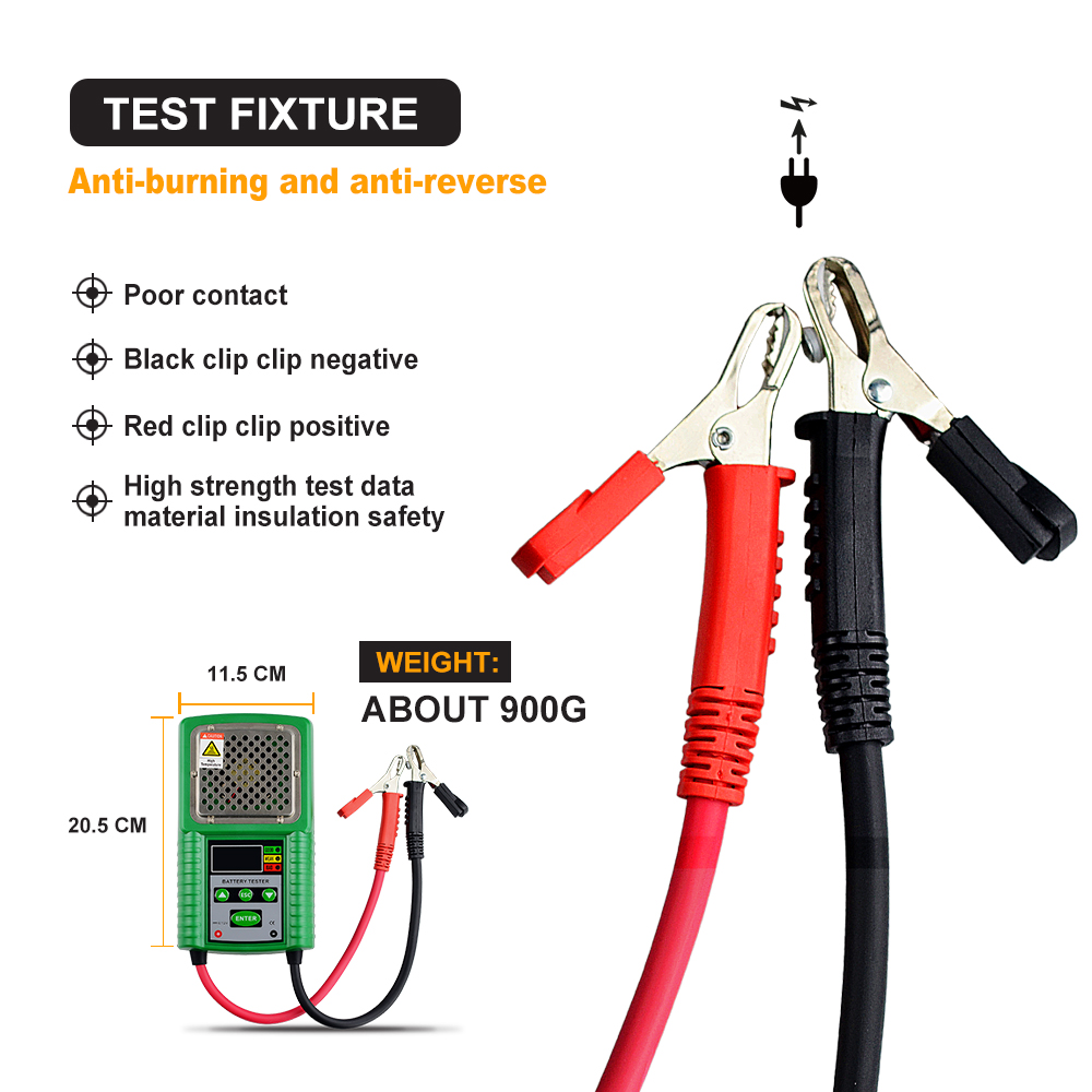 Dimensions and safety features of the battery tester including insulated clips