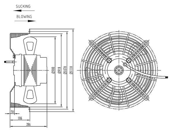 Dimensional drawing of YWF900 axial fan