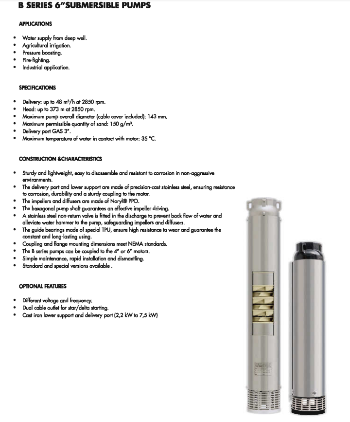 Technical specifications and application chart for B Series 6-inch submersible pump