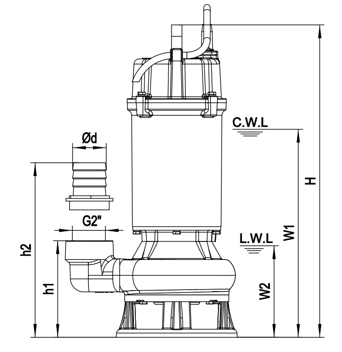 Technical dimensional drawing of the submersible pump
