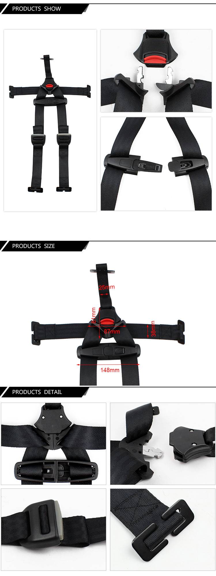 Product detail view of the safety harness components and sizing