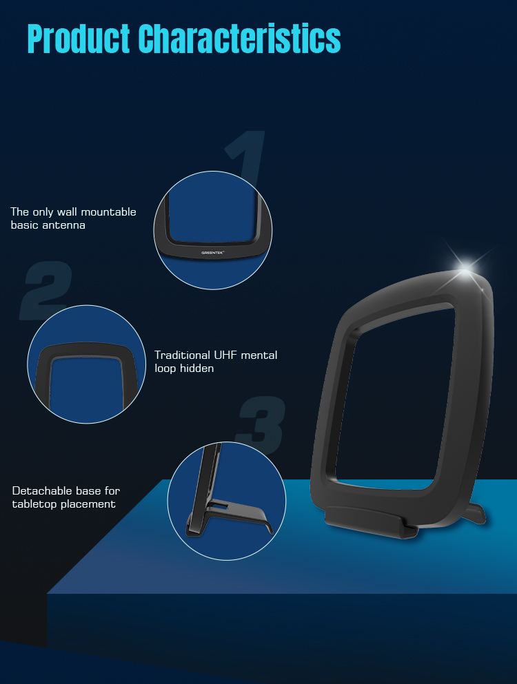 Product characteristics showing hidden UHF loop and detachable base