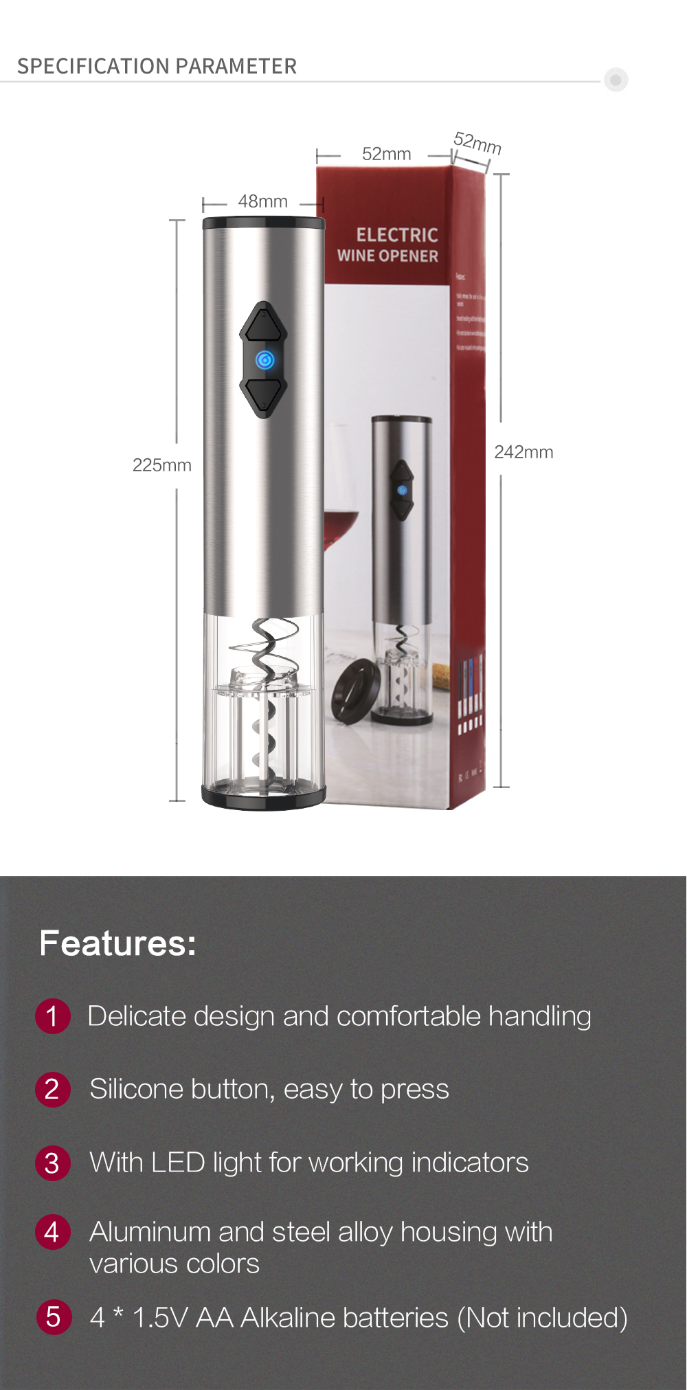 Technical dimensions and feature highlights of the electric wine opener