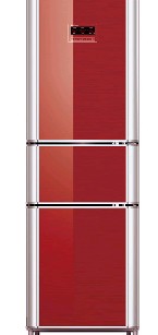 Red Three-Door Refrigerator with Digital Display