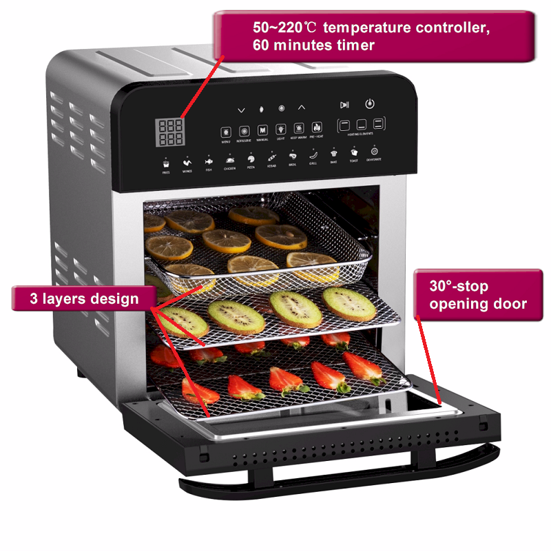 Air fryer features including 3-layer design and temperature control