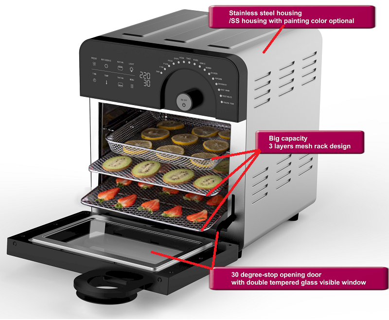 Internal view of the 14.5L air fryer showing 3-layer mesh rack design and stainless steel housing.
