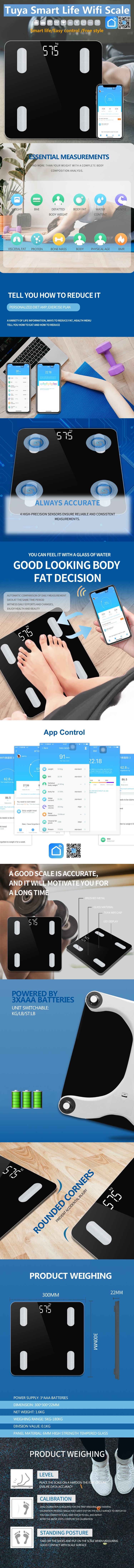 Infographic showing smart body composition scale features including app control, high precision sensors, and physical dimensions.