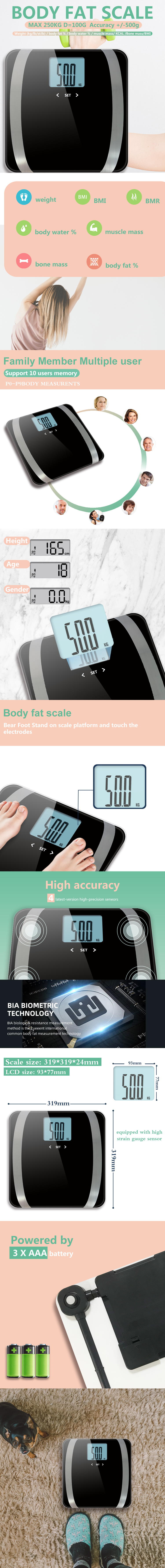 Infographic showing body composition metrics and technical specifications of the digital scale
