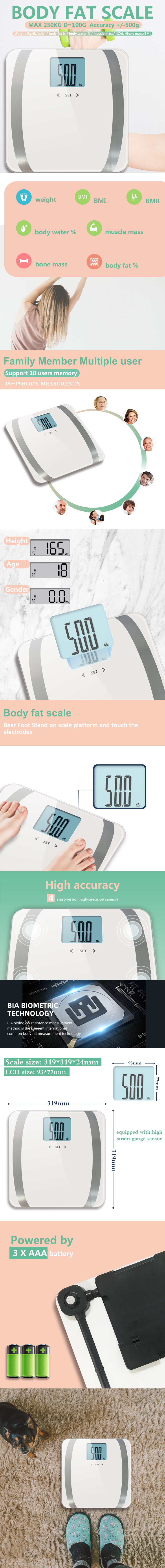 Infographic showing body fat scale features and measurement metrics